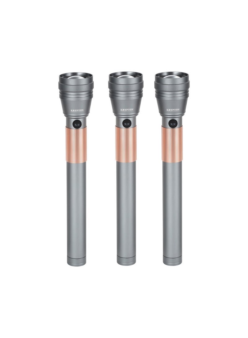 Krypton Zoomable LED Flashlight KNFL5154 – Pack of 3, 20W Laser LED, 2000m Range, Type-C Rechargeable, Aircraft Aluminum Body, Indoor & Outdoor Torch, Silver - Image 1