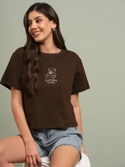 globus Women Brown Round Neck Short Sleeves Graphic Print Oversized T-Shirt
