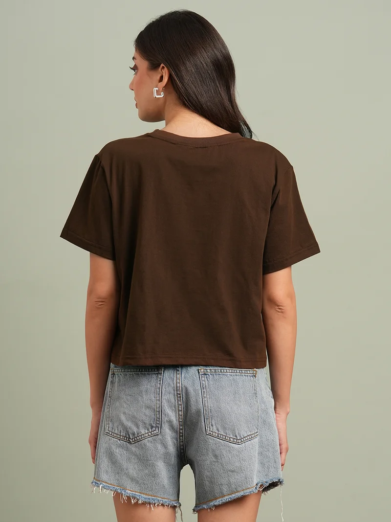 globus Women Brown Round Neck Short Sleeves Graphic Print Oversized T-Shirt