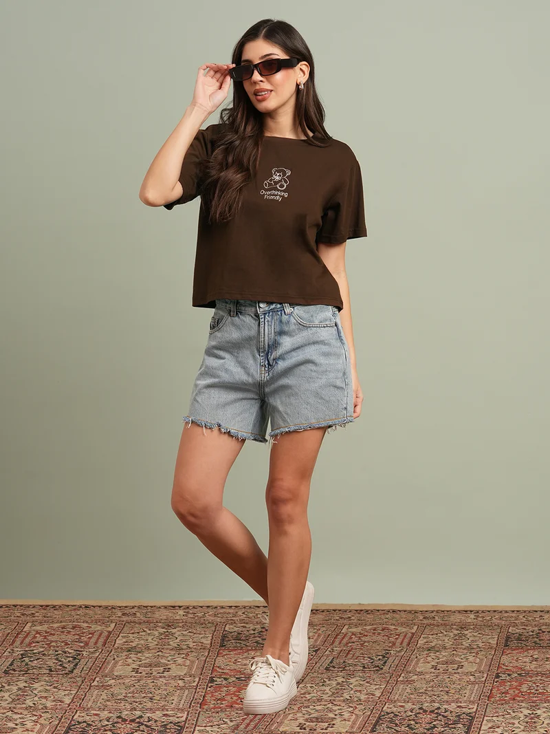 globus Women Brown Round Neck Short Sleeves Graphic Print Oversized T-Shirt