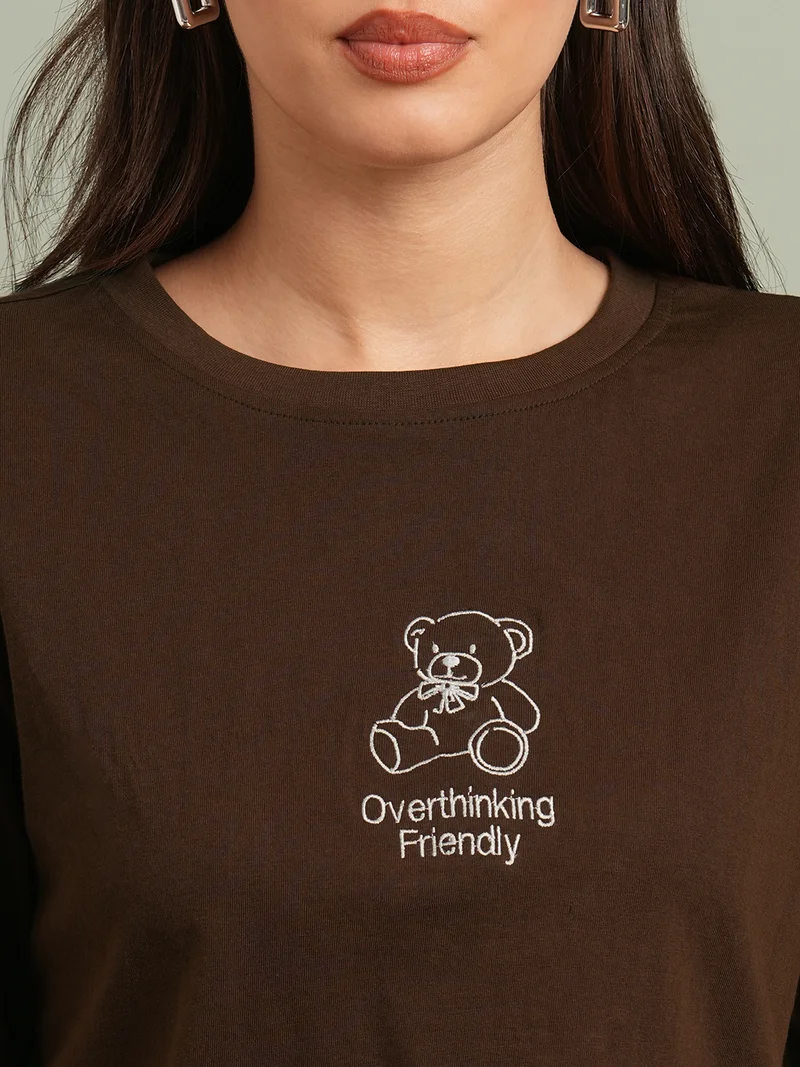 globus Women Brown Round Neck Short Sleeves Graphic Print Oversized T-Shirt