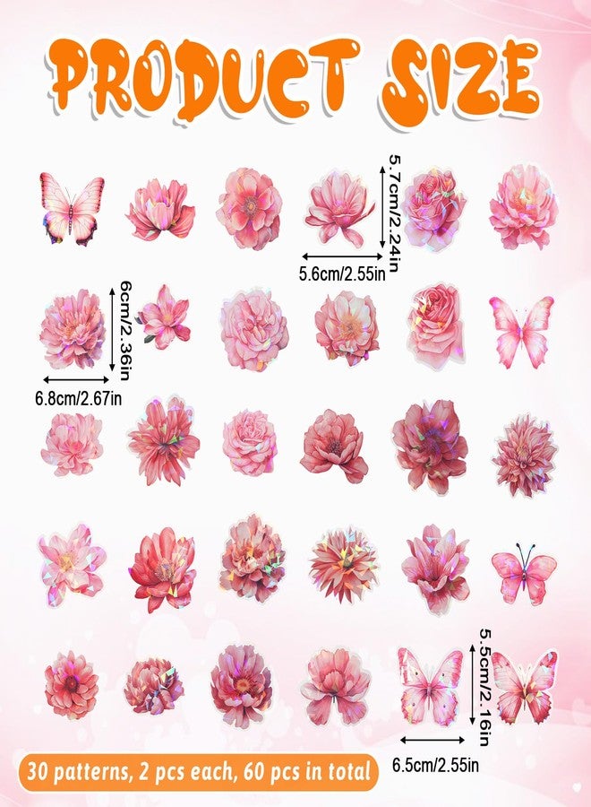 Bruislard 60 Pack Pink Holographic Glitter Butterfly Sticker Set Glitter Shiny Flower Stickers Large Size Flower Stickers Waterproof Decorative Decal for Scrapbooking Journal Planner Bottle Laptop Art Crafts - Image 2