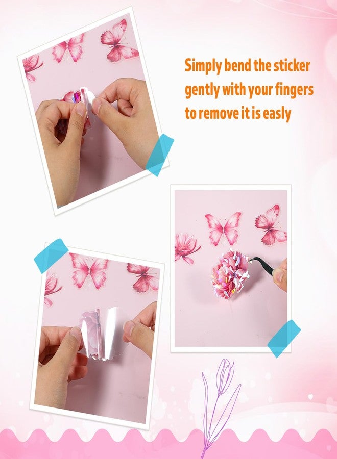 Bruislard 60 Pack Pink Holographic Glitter Butterfly Sticker Set Glitter Shiny Flower Stickers Large Size Flower Stickers Waterproof Decorative Decal for Scrapbooking Journal Planner Bottle Laptop Art Crafts - Image 3