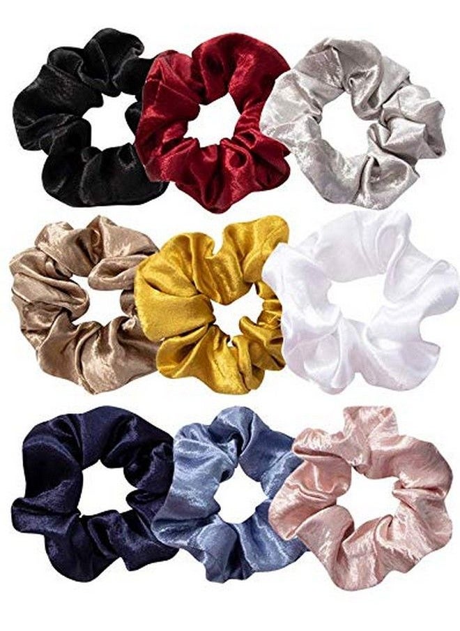 Fameza 9 Pcs Hair Scrunchies For Women Satin Elastic Hair Ties No Crease Silky Ponytail Holders No Damage Hair Bands Silkpack Of 9 (Multiple Colors)  - Image 1