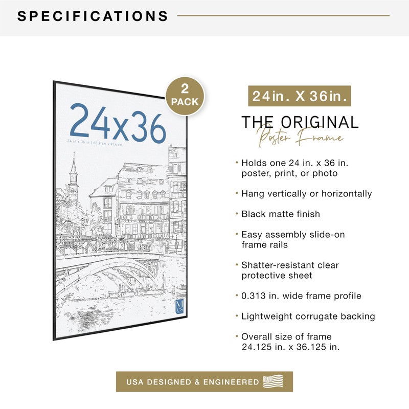 MCS Original Poster Frame 24x36 Black Lightweight Vertical & Horizontal Wall Hanging Large Picture Frame for Posters, Art Prints & Gallery Wall (2-Pack) - Image 3