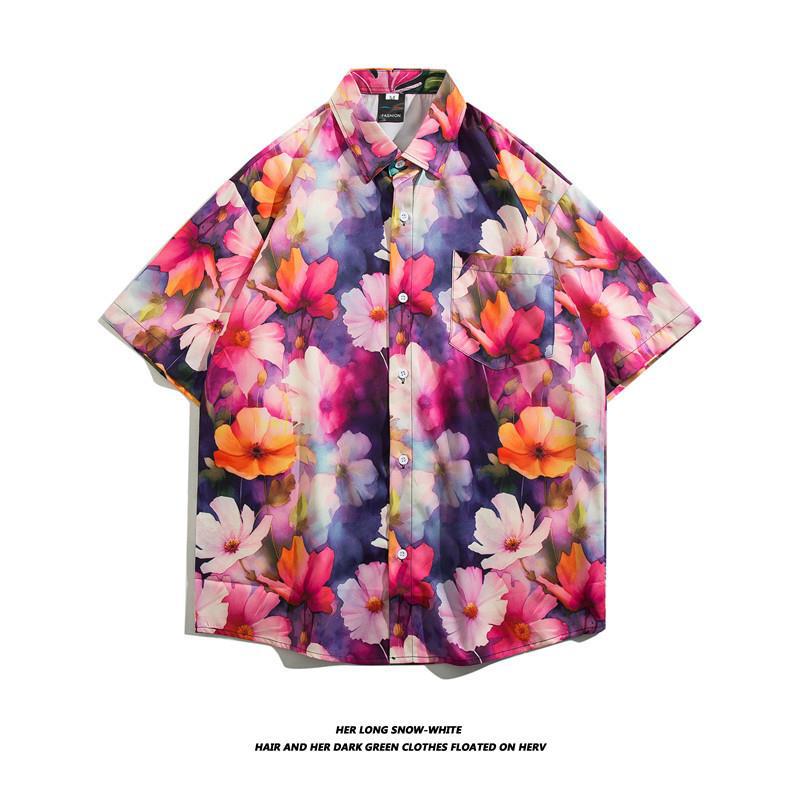 Summer Ins Vintage Floral Printed Short-Sleeved Shirt Men'S Fashion Brand Street Bf Lazy Style Couple Flower Shirt Jacket - Image 1
