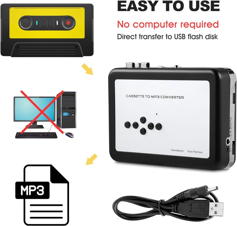 Wendry Cassette MP3 Converter, Portable Cassette Tape to MP3 Converter USB Flash Drive Audio Capture Music Player Suitable for Windows XP/Vista/7/8 - Image 2