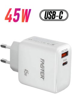 Faster 45W QC 3.0 Dual Port Fast Charger - Compact Wall Adapter for iPhone and Android, Laptop, Macbook - 45 Watt PD Charger Block for Mobile Phone, Portable and Fast Charging with 1 USB-C and 1 USB-A Ports  - Image 1
