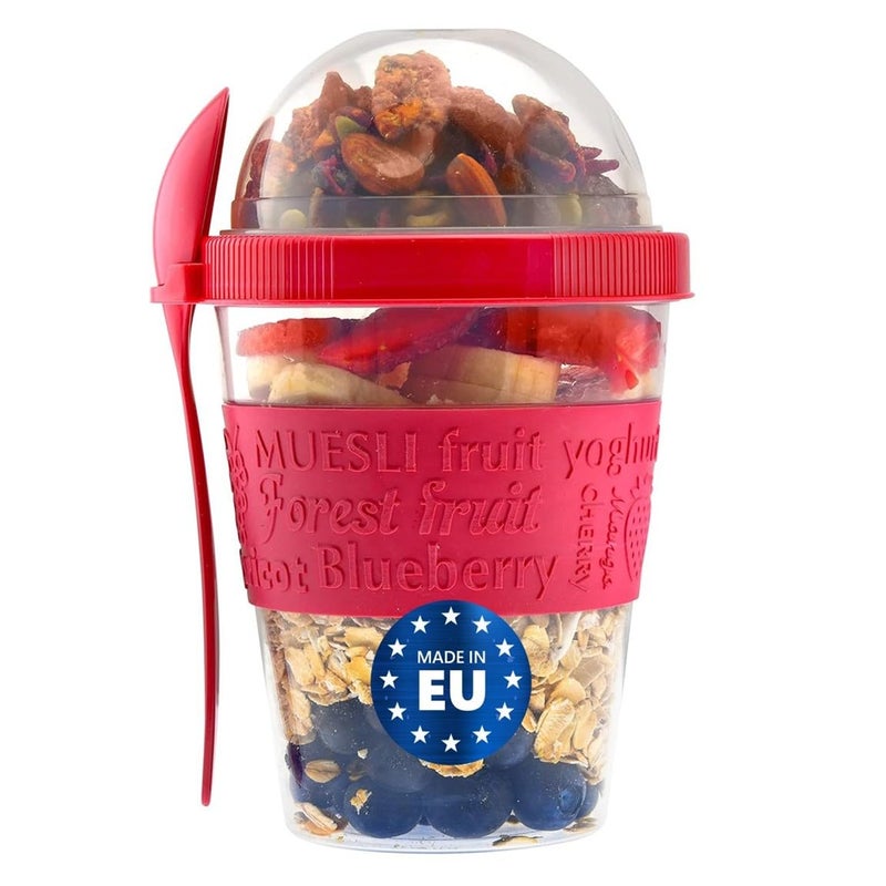 Tribello On the Go Yogurt Parfait Cups with Lids, Topping Compartment & Spoon, Parfait Cups for Breakfast Meal Prep, Reusable Leak Proof Yogurt Container - BPA Free - 20oz - Red (2)