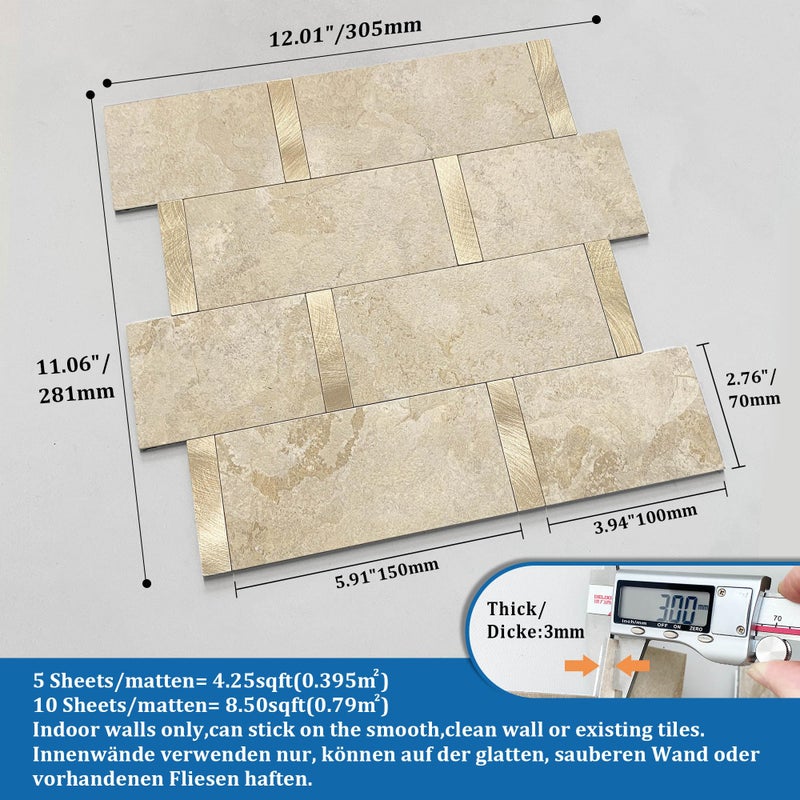 M MOFIT Matte Kitchen Subway Tile Peel and Stick Backsplash Self-Adhesive Bathroom Wall Tiles Waterproof 3D Metal and Marble Mosaic Panels Heat Resistant Fireplace(Rust Beige 10Tiles) - Image 5