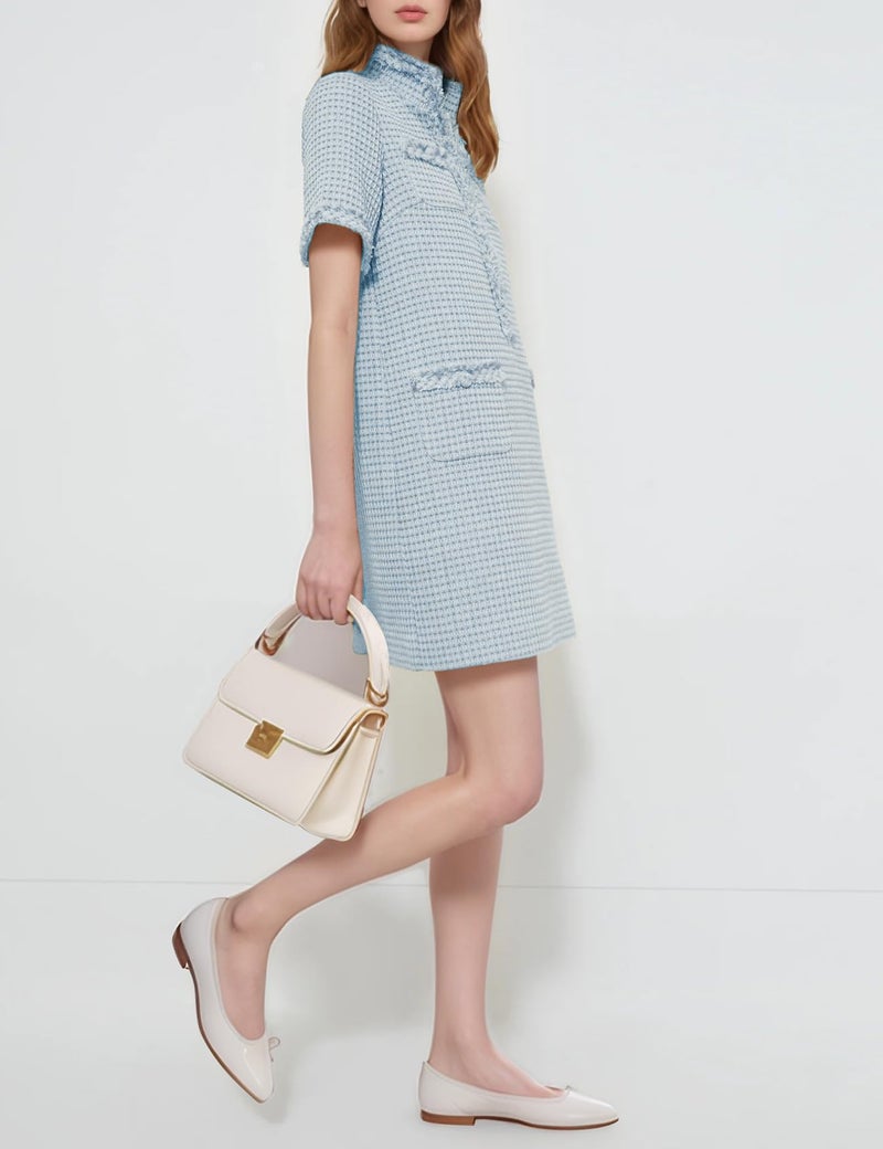 PEHMEA Women's Tweed Dress, Short Sleeve Straight Tube Mini Dress with Pockets for Business Party Work(Blue-L) - Image 3