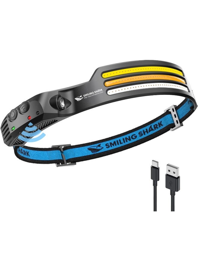 SMILING SHARK مصباح رأس LED سمكة مبتسمة، 230° زاوية واسعة 3*شرائط ضوء متعددة الألوان، أقوى مصباح رأس قابل لإعادة الشحن مع مستشعر حركة، مصباح أمامي مقاوم للماء للتخييم والمشي في الهواء الطلق، مصباح رأس-LED-ضوء قبعة - Image 1
