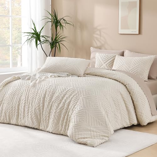 Andency Queen Comforter Set Beige, 3 Pieces Queen Size Comforter Sets Boho Cream Solid Bedding Set & Collections, All Season Tufted Farmhouse Bed Comforter Set (90x90 in Comforter & 2 Pillowcases) - Image 1