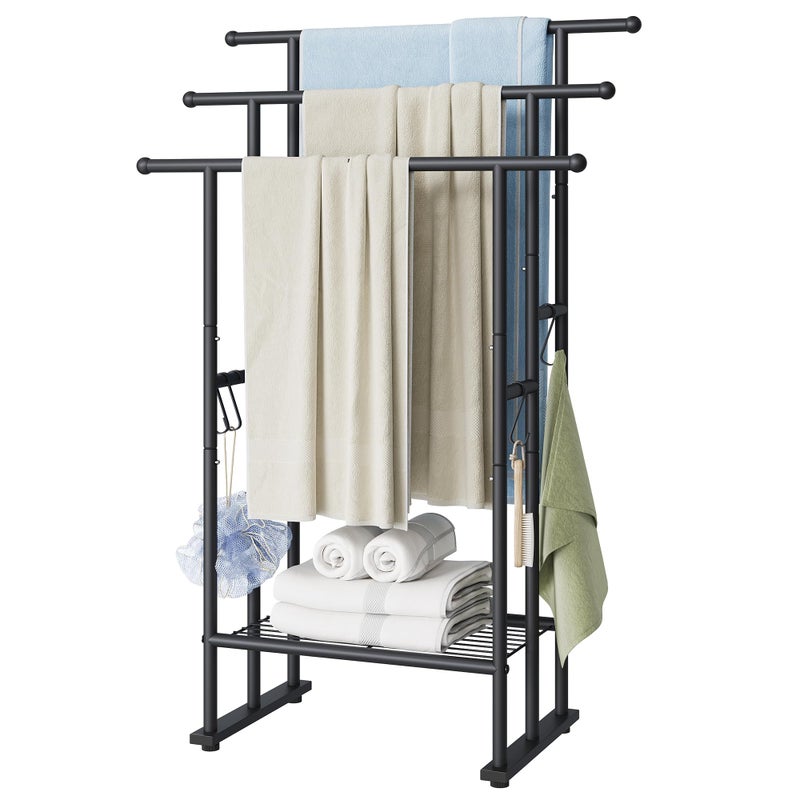ELYKEN 3 Tier Standing Towel Rack 40 Tall Towel Drying Rack Outdoor Freestanding Floor Towel Rack with Shelf Pool Towel Blanket Stand Metal Towel Racks for Bathroom freestanding Matte Black