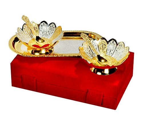 JAIPUR ACE JAIPUR ACE Silver and Gold Plated Floral Shaped Brass Bowl and Tray Set  - Image 1