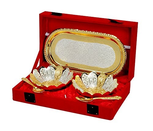 JAIPUR ACE JAIPUR ACE Silver and Gold Plated Floral Shaped Brass Bowl and Tray Set  - Image 2