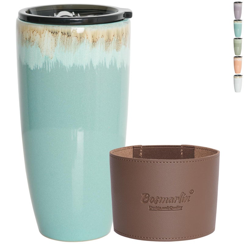 Bosmarlin Ceramic Travel Coffee Cup with Lid 21 oz Portable Coffee Mug for Car Cup Holder Microwave Safe Reactive Glaze Peacock Blue - Image 2
