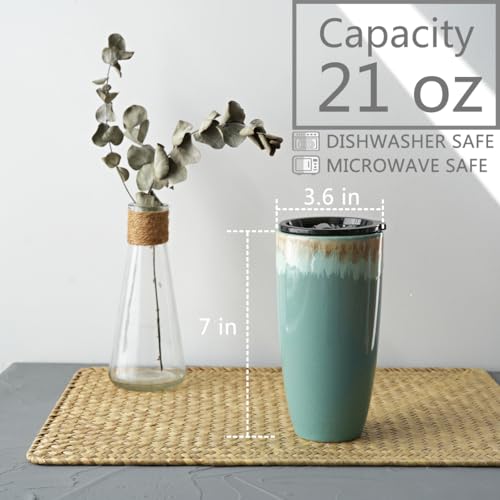 Bosmarlin Ceramic Travel Coffee Cup with Lid 21 oz Portable Coffee Mug for Car Cup Holder Microwave Safe Reactive Glaze Peacock Blue - Image 3
