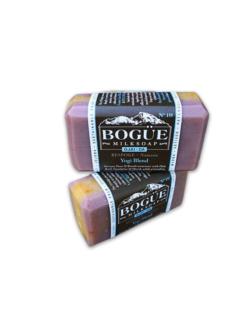 Bogue Milk Soap - Goat Milk Soap 2 bars BOGUE No19 BESPOKE Namaste Yoga Blend Increase Breath awareness essential oils of Holy Basil Eucalyptus  Myrrh grounding Ginger Vetiver  Patchouli keep you centered - Image 1