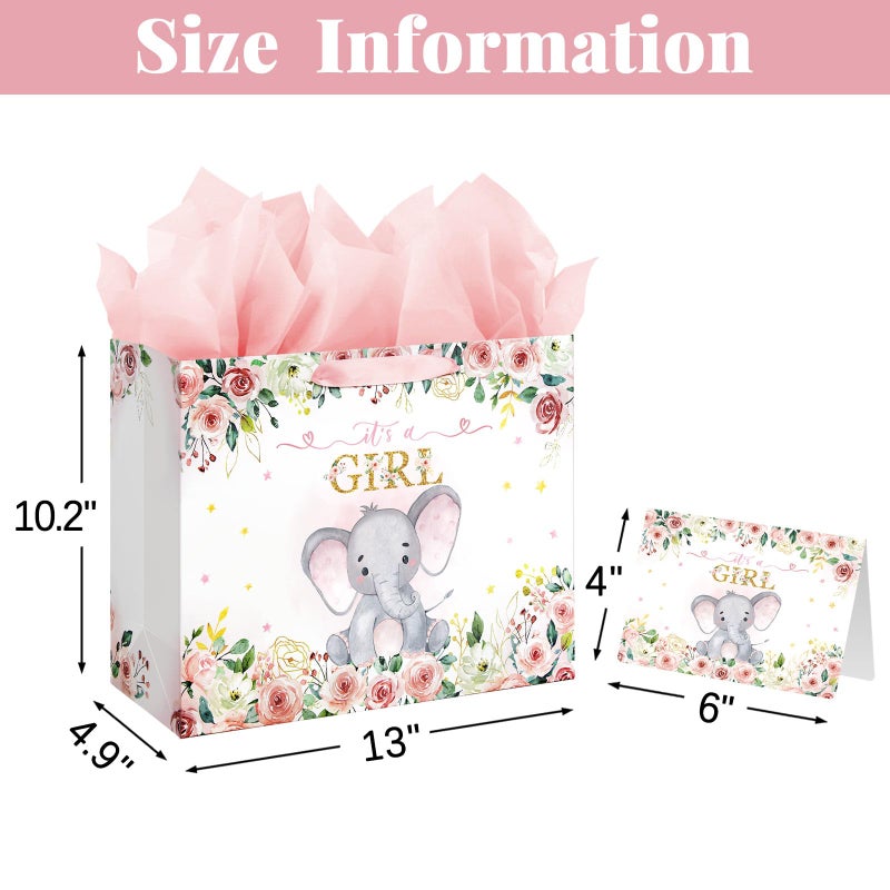 Laidans 13" Large Baby Shower Birthday Gift Bag for Girl with Tissue Papers and Card Pink Floral Elephant Design with Handles (Large Pink) - Image 2