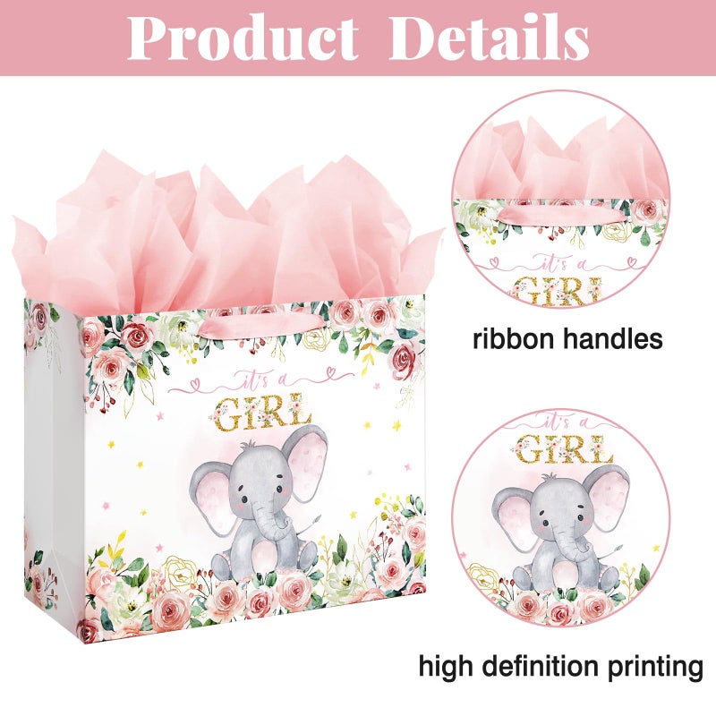 Laidans 13" Large Baby Shower Birthday Gift Bag for Girl with Tissue Papers and Card Pink Floral Elephant Design with Handles (Large Pink) - Image 4