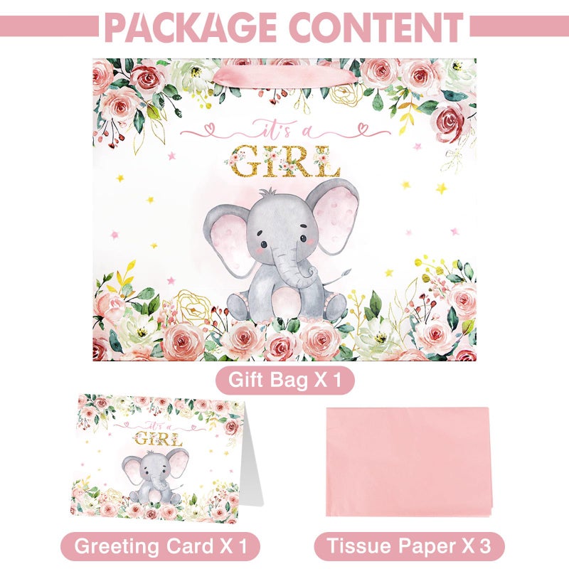 Laidans 13" Large Baby Shower Birthday Gift Bag for Girl with Tissue Papers and Card Pink Floral Elephant Design with Handles (Large Pink) - Image 3