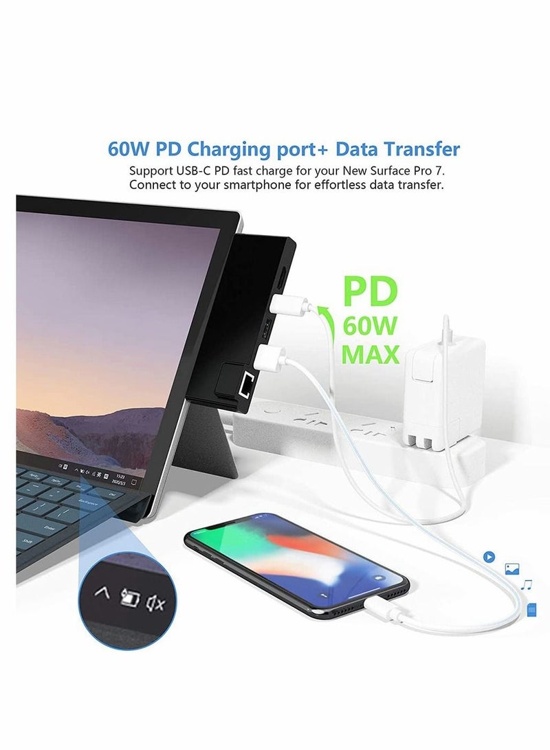 KASTWAVE محطة إرساء مركزية مع محول HDMI + شبكة LAN إيثرنت جيجابت 1000M + شحن USB C PD + 2 منفذ USB 3.0 + محول قارئ بطاقات SD / TF (Micro SD) لجهاز Microsoft Surface Pro 7 - Image 4