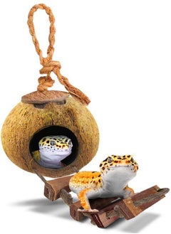 SunGrow Leopard Gecko Coconut Husk Hut With Ladder, With Shell Opening, Cave Habitat With Hanging Loop, 1 Pc Per Pack  - Image 1