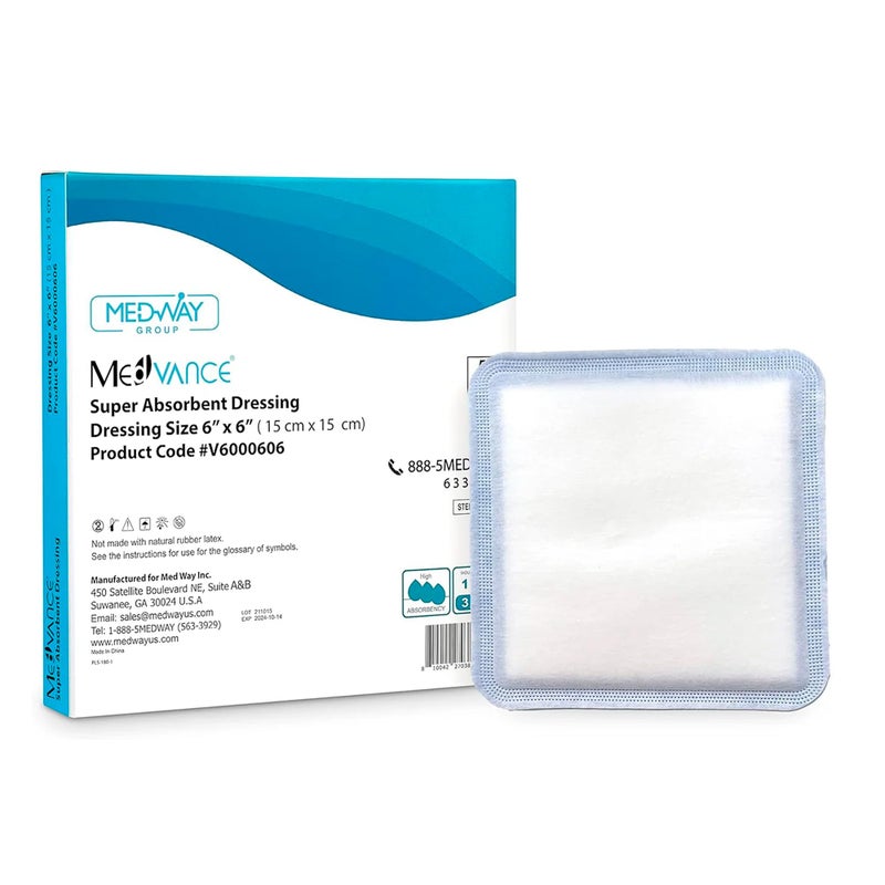 MedVance Super Absorbent Dressing, Non-Adhesive Pads for Wound Care, for Pressure Ulcers & 1st/2nd Degree Burns, Superior Moisture Absorption, Box of 10 dressings (6"x6" Bandage, 5"x5" Pad) - Image 1