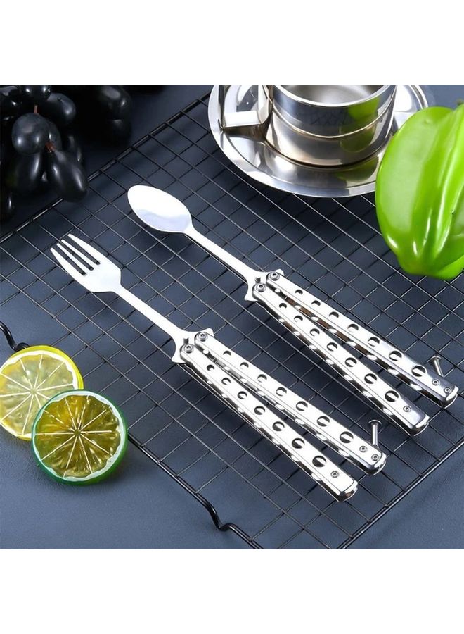 2Pcs Stainless Steel Butterfly Folding Cutlery Set Silvery Portable Spoon And Fork For Travel Camping Picnics - Image 1