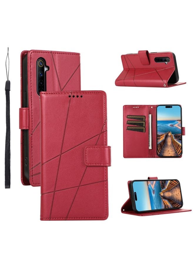HuHa Case Cover For Realme 6 / 6s PU Genuine Leather Texture Embossed Line Phone Case Red 