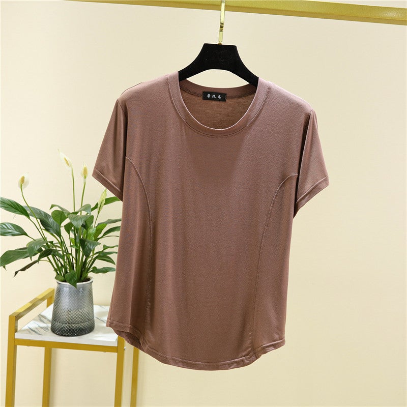 Modal Short-sleeved T-shirt Women's 2023 Summer Stitching Loose Pullover Top Fashionable All-match Round Neck Base Shirt - Image 1