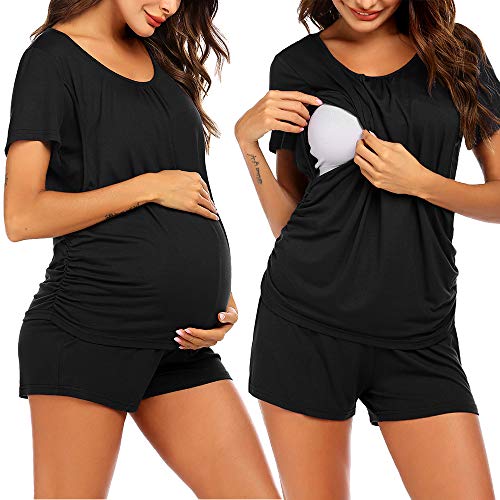 Ekouaer Maternity Sleepwear Nursing Pajamas for Hospital Nursing Pj Sets for Women Breastfeeding Post Pregnancy Clothes Black L - Image 1