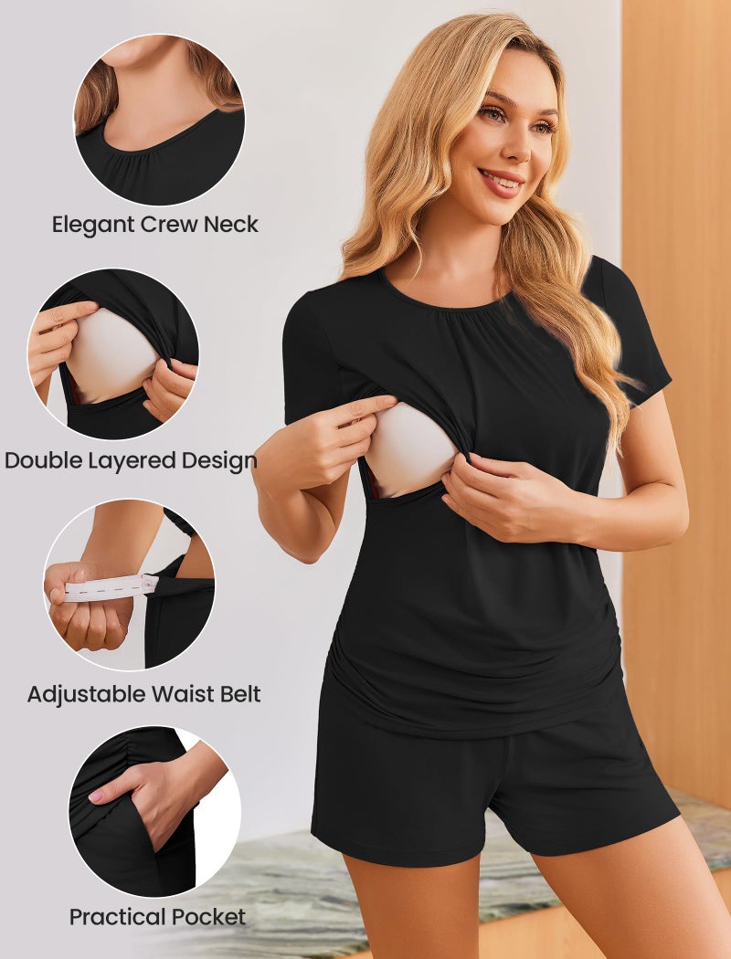 Ekouaer Maternity Sleepwear Nursing Pajamas for Hospital Nursing Pj Sets for Women Breastfeeding Post Pregnancy Clothes Black L - Image 4