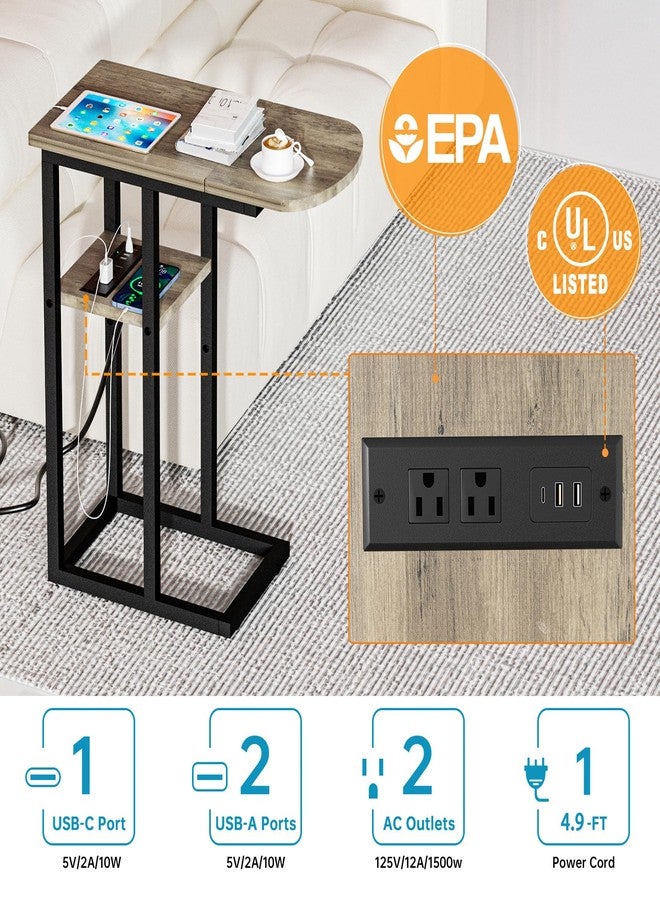 eiskah C Table End Table with Charging Station, Couch C Shaped Side Table for Living Room, Bedroom, Laptop Table with USB Ports and Type-C Port, Snack Tray Table for Couch - Image 2