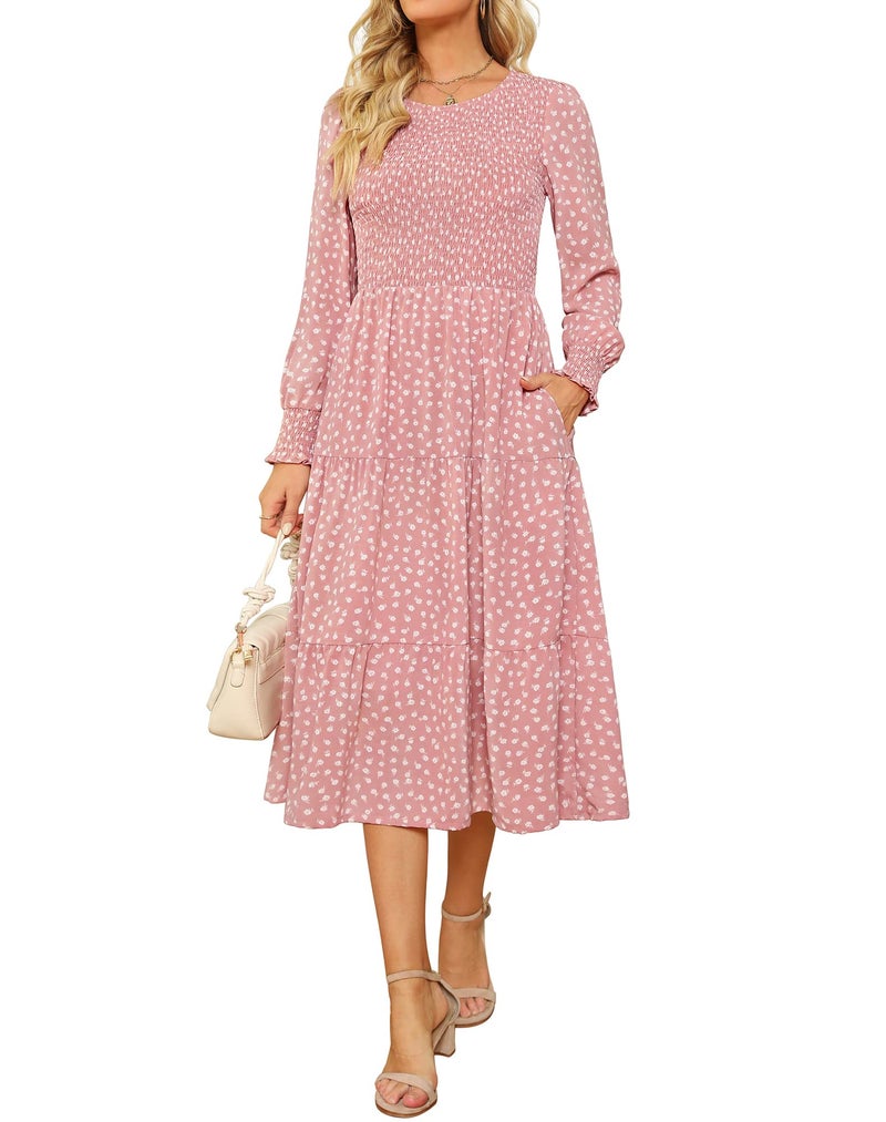 Zattcas Womens Dresses Spring 2024 Wedding Guest Dresses Long Sleeve Boho Floral Smocked Tiered Flowy Modest Work Church Winter Dress Mauve Floral M - Image 5