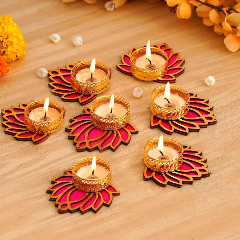 Haoser Haoser Decorative Lotus Tealight Candle Holder Stand Set of 6 Decoration Items for Home Decor Diyas Indoor Outdoor Office Gifting GoldTea Light Holder with Lotus4 in Lotus - Image 1