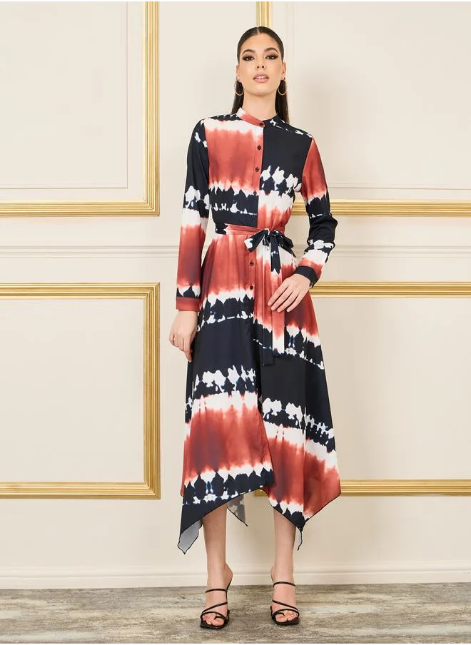 ستايلي Tie and Dye Print Handkerchief Hem Shirt Midi Dress