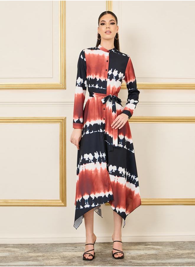 Styli - Tie and Dye Print Handkerchief Hem Shirt Midi Dress - Image 1