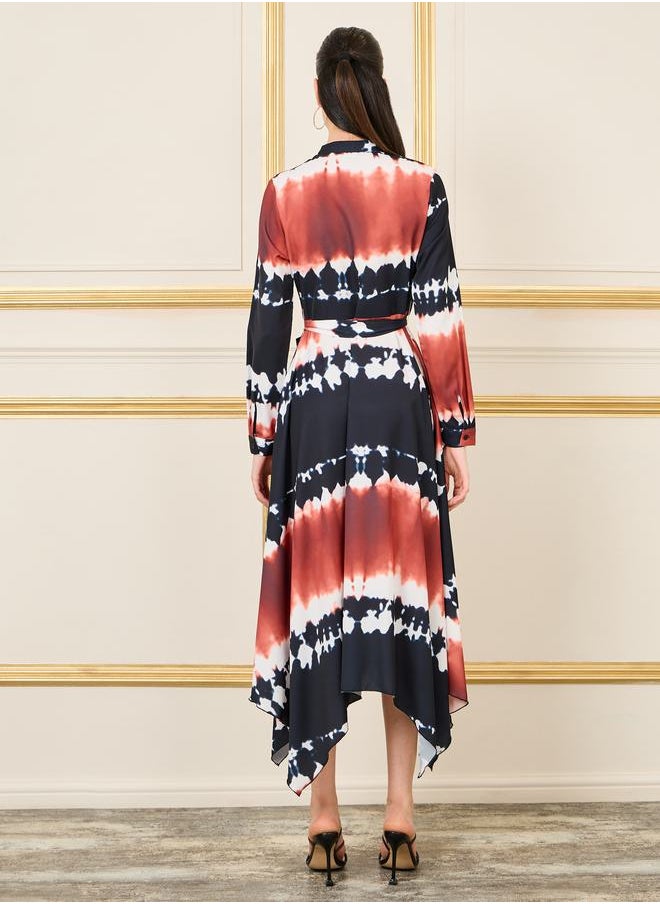 Styli - Tie and Dye Print Handkerchief Hem Shirt Midi Dress - Image 1
