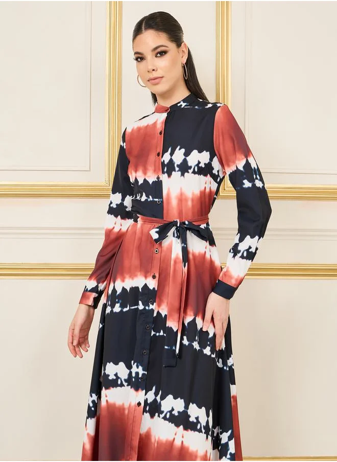 ستايلي Tie and Dye Print Handkerchief Hem Shirt Midi Dress