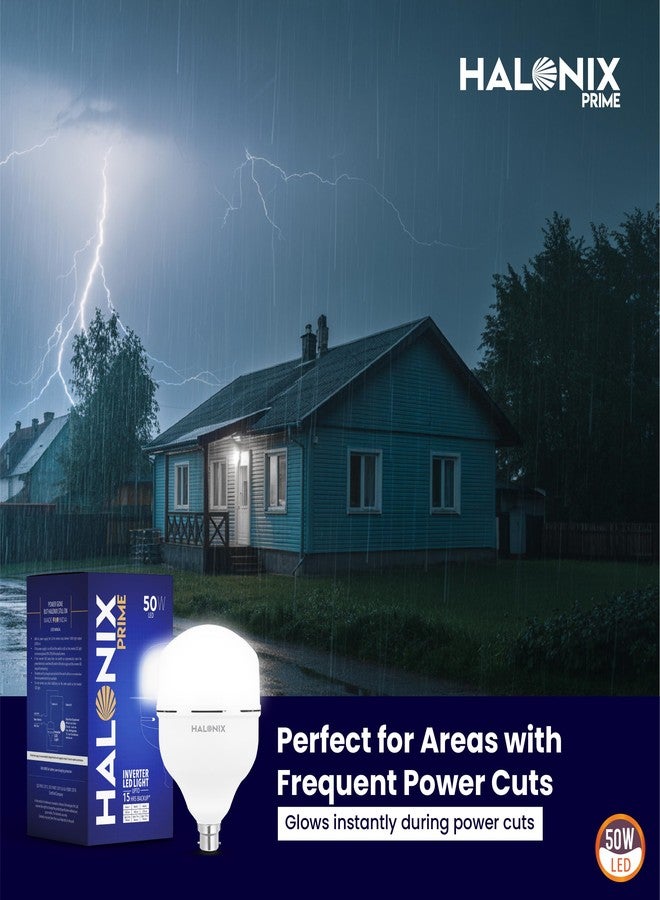 Halonix مصباح هالونيكس LED بقوة 50 واط وقاعدة B22 مع بطارية احتياطية | مصباح طوارئ قابل لإعادة الشحن مع محول طاقة | مصباح LED بخاصية التعتيم | عبوة من قطعة واحدة | مدة تشغيل احتياطية تصل إلى 15 ساعة | ضوء أبيض. - Image 3