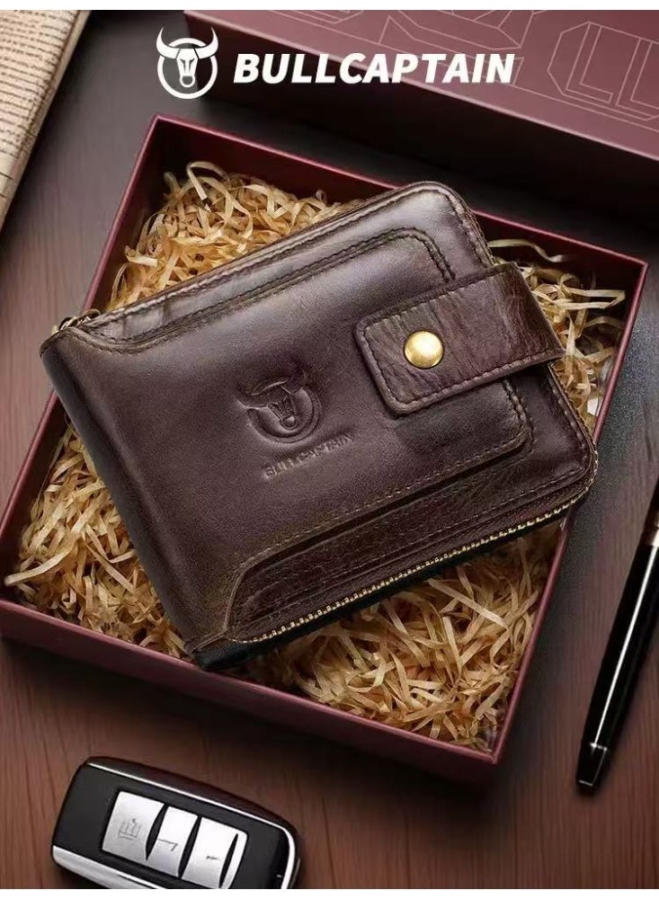 BULLCAPTAIN Men's Wallets, Genuine Leather RFID Blocking Mens Bifold Wallets with Zipper Coin Pocket Casual Men Purse Slim Short Wallet Gift for Father day One_Size, Business & Leisure Wallet - brown - Image 3