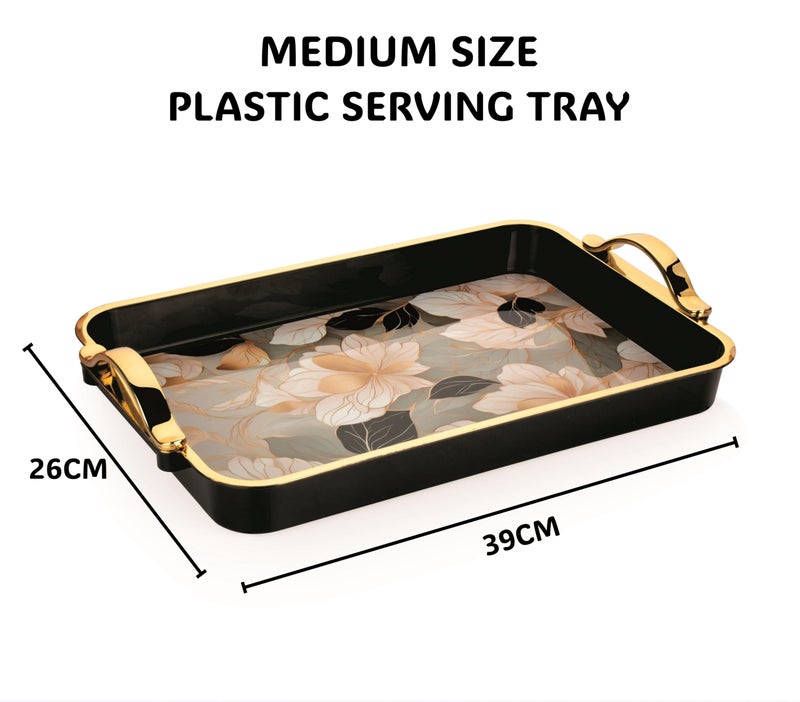 Nabhya Flower Printed Serving Tray Plastic Material BPA Free Tray with Handle for Tea,Coffee,Snack,Kitchen & Dining Table Home Décor (Black&Gold, Medium) - Image 2