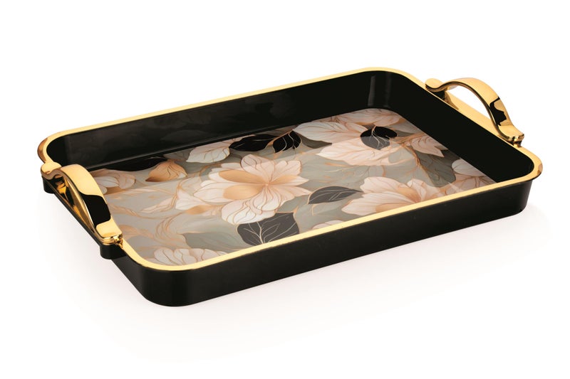 Nabhya Flower Printed Serving Tray Plastic Material BPA Free Tray with Handle for Tea,Coffee,Snack,Kitchen & Dining Table Home Décor (Black&Gold, Medium) - Image 1