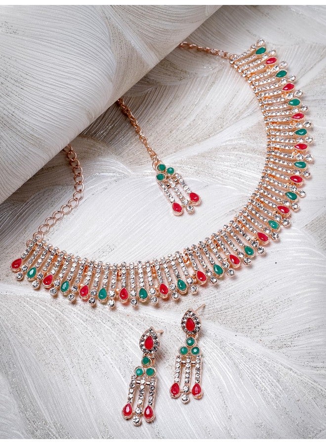 Sukkhi Admirable Fashionable Red-Green Kundan With Ad Stones Collar Bone Necklace Set With Earring And Maangtika | Jewellery Set For Women (NS105488) - Image 4