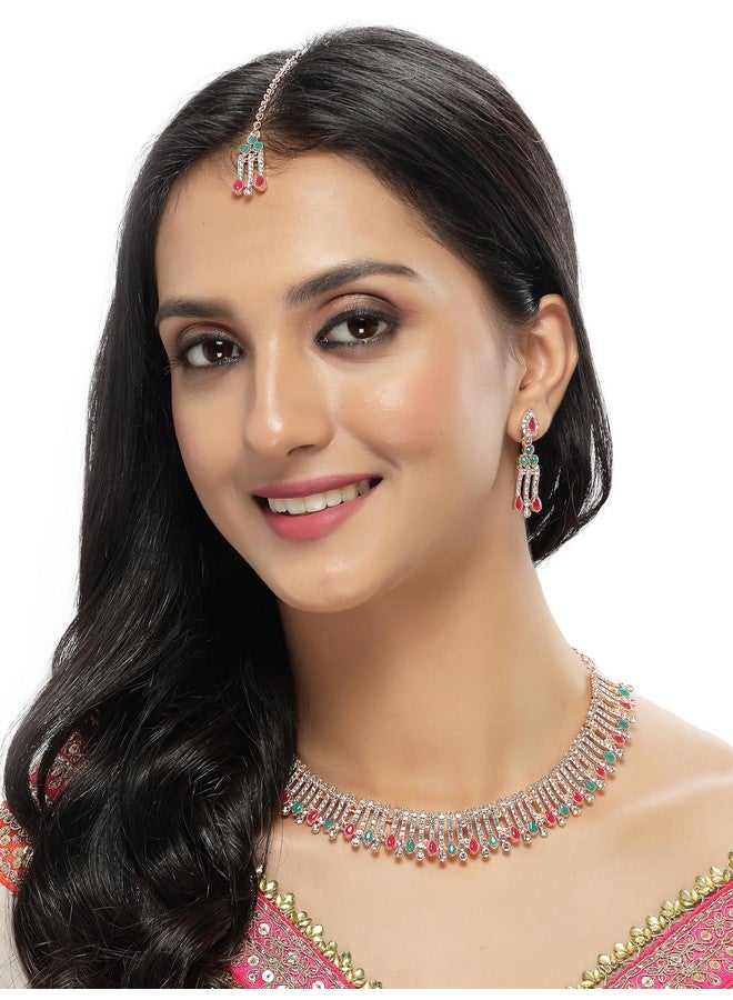 Sukkhi Admirable Fashionable Red-Green Kundan With Ad Stones Collar Bone Necklace Set With Earring And Maangtika | Jewellery Set For Women (NS105488) - Image 2