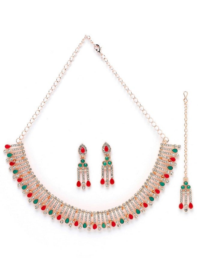 Sukkhi Admirable Fashionable Red-Green Kundan With Ad Stones Collar Bone Necklace Set With Earring And Maangtika | Jewellery Set For Women (NS105488) - Image 1