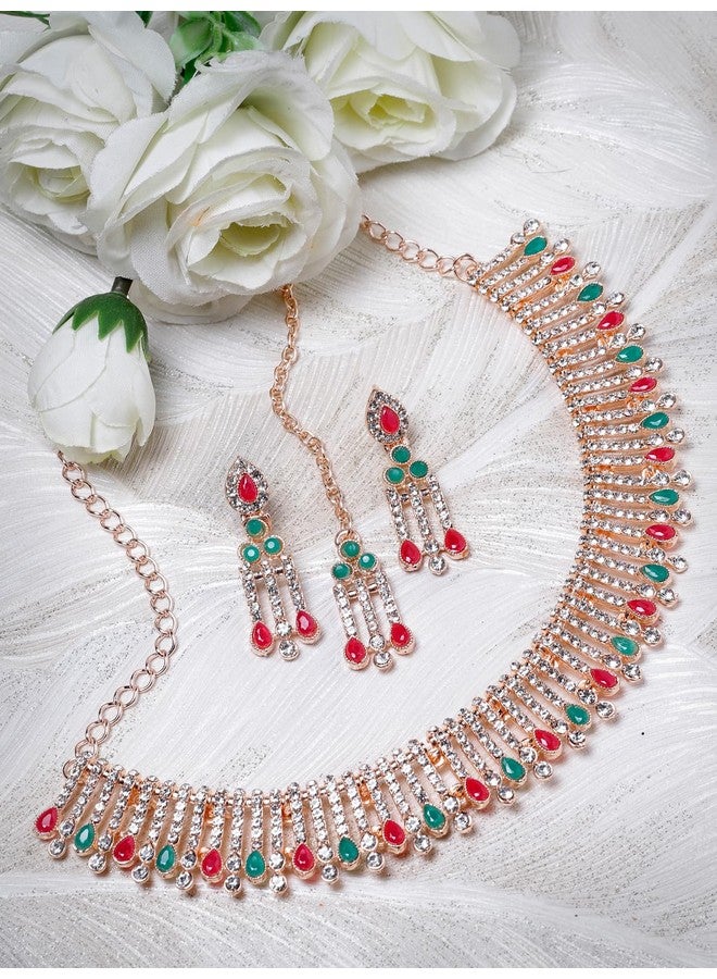 Sukkhi Admirable Fashionable Red-Green Kundan With Ad Stones Collar Bone Necklace Set With Earring And Maangtika | Jewellery Set For Women (NS105488) - Image 3