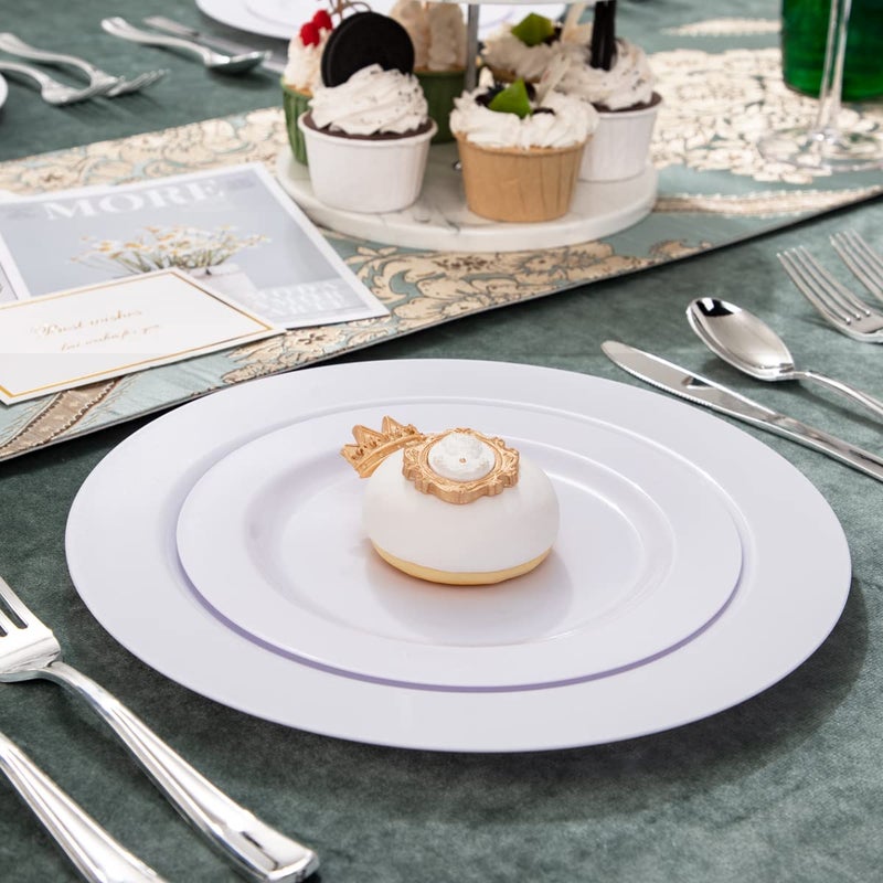 FLOWERCAT 100PCS White Plastic Plates-Heavy Duty White Disposable Plates for Christmas/Easter/Party/Wedding -Serve 50 guests 10.25inch & 7.5inch - Image 5